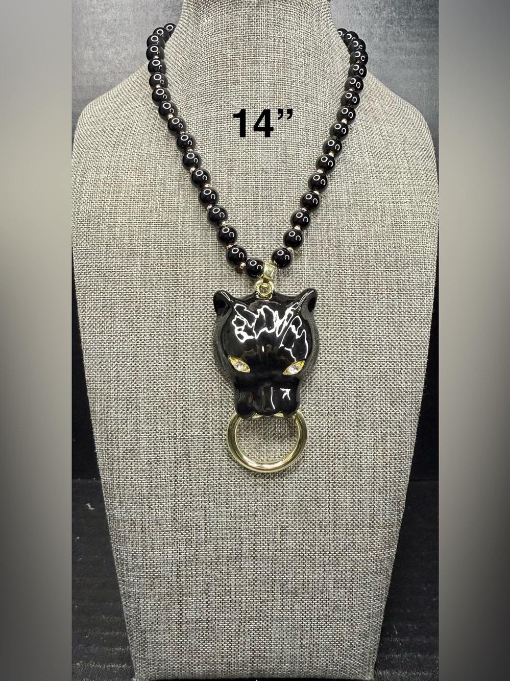 Black Cat Pendant Necklace with Gold Ring - Unbranded
